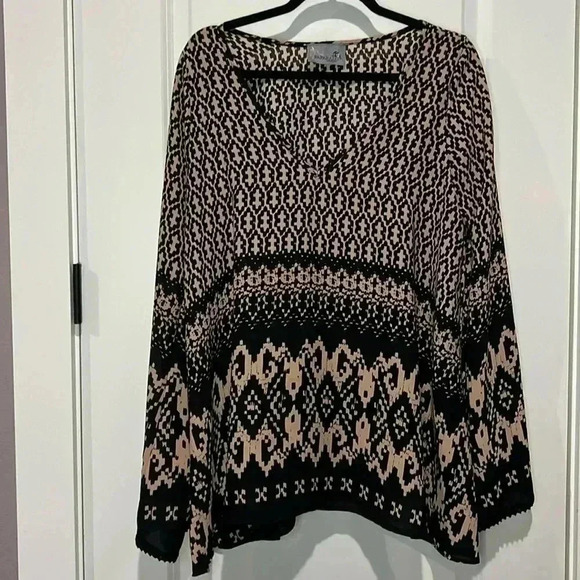 PINK PAPARATZI FLOWY BLACK & TAN 3/4 SLEEVE BLOUSE SIZE LARGE - Picture 1 of 7